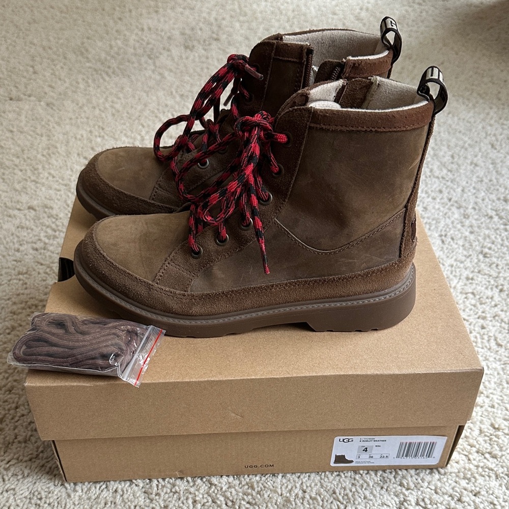 UGG Brown Suede Kids Lace-Up Ankle Boots with Red-Black Laces